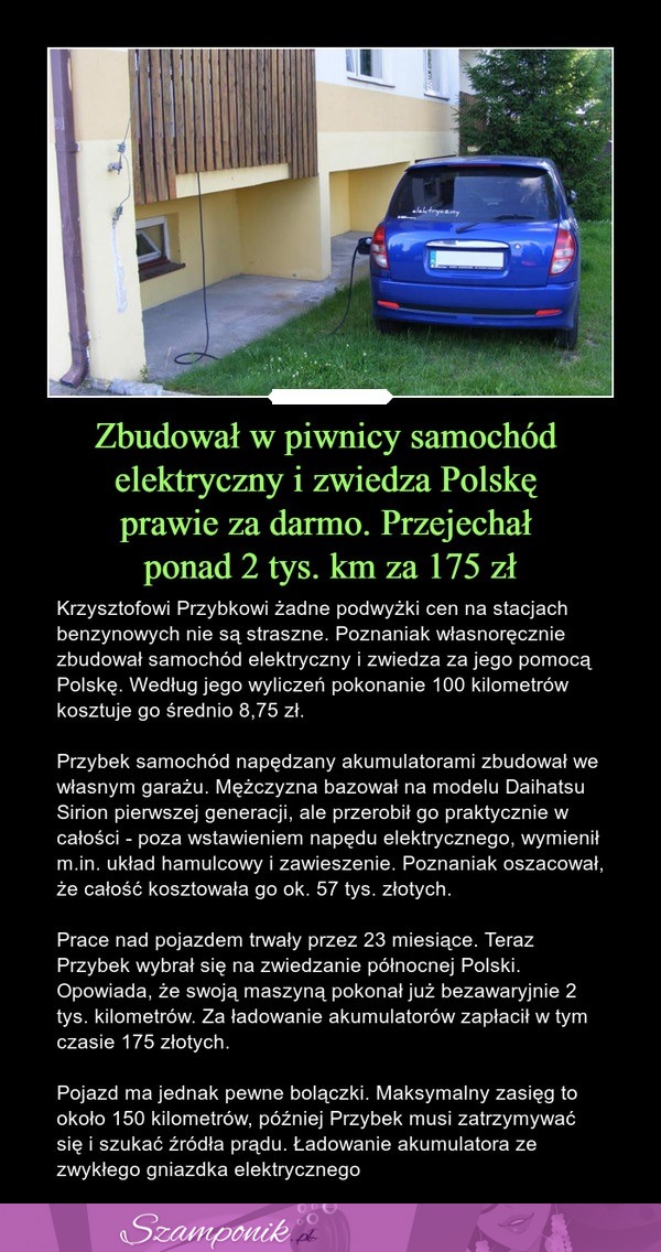 Zbudował w piwnicy samochód elektryczny i zwiedza Polskę prawie za darmo. Przejechał ponad 2 tys. km za 175 zł